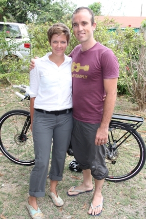 Cyclist Ms. Kristina Storey and Mr. Nick Arney of Australia who will launch their world tour from Nevis April 1st, 2012 at the Lime Beach Bar at Pinneys Beach and will conclude in February 2013 in Nevis